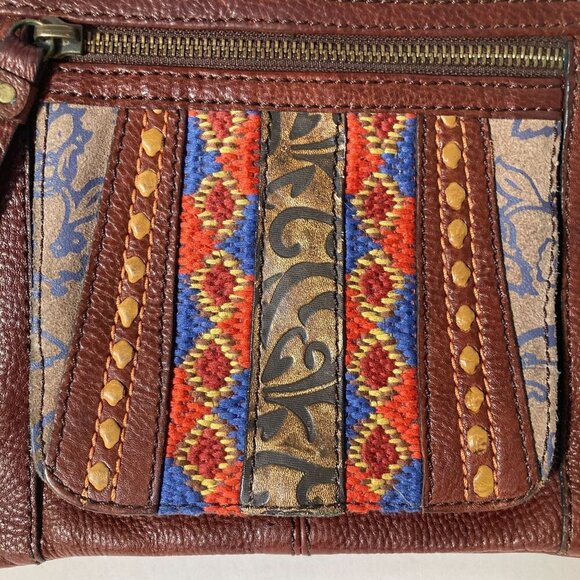 Womens Fossil Leather Tapestry Boho Crossbody Bag Brown Orange Blue 8 x 8" - Picture 3 of 9